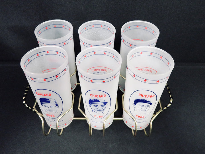 Vintage Frosted Cubs Glasses with Holder