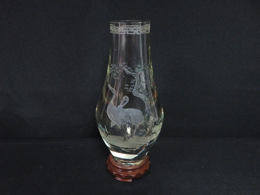 Vintage Etched Art Glass Vase on Stand