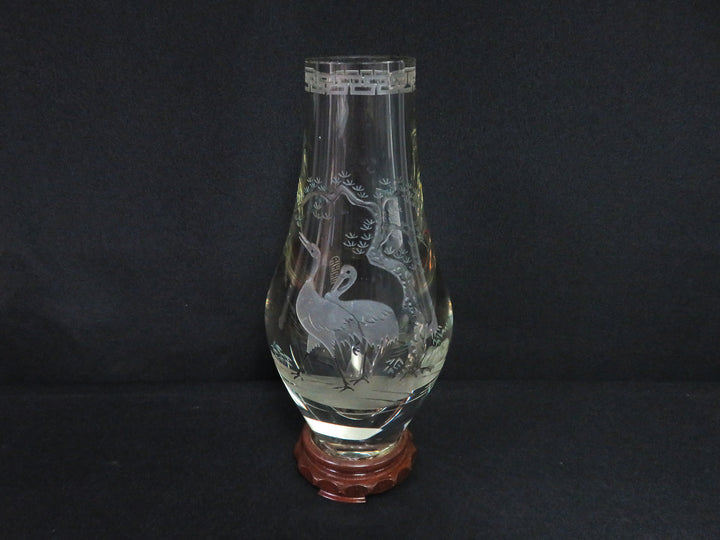 Vintage Etched Art Glass Vase on Stand