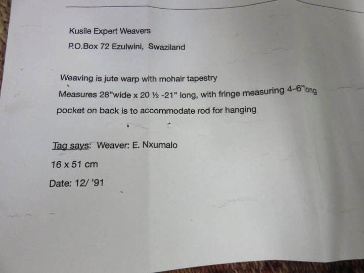 E. Nxumalo Jute and Mohair Tapestry