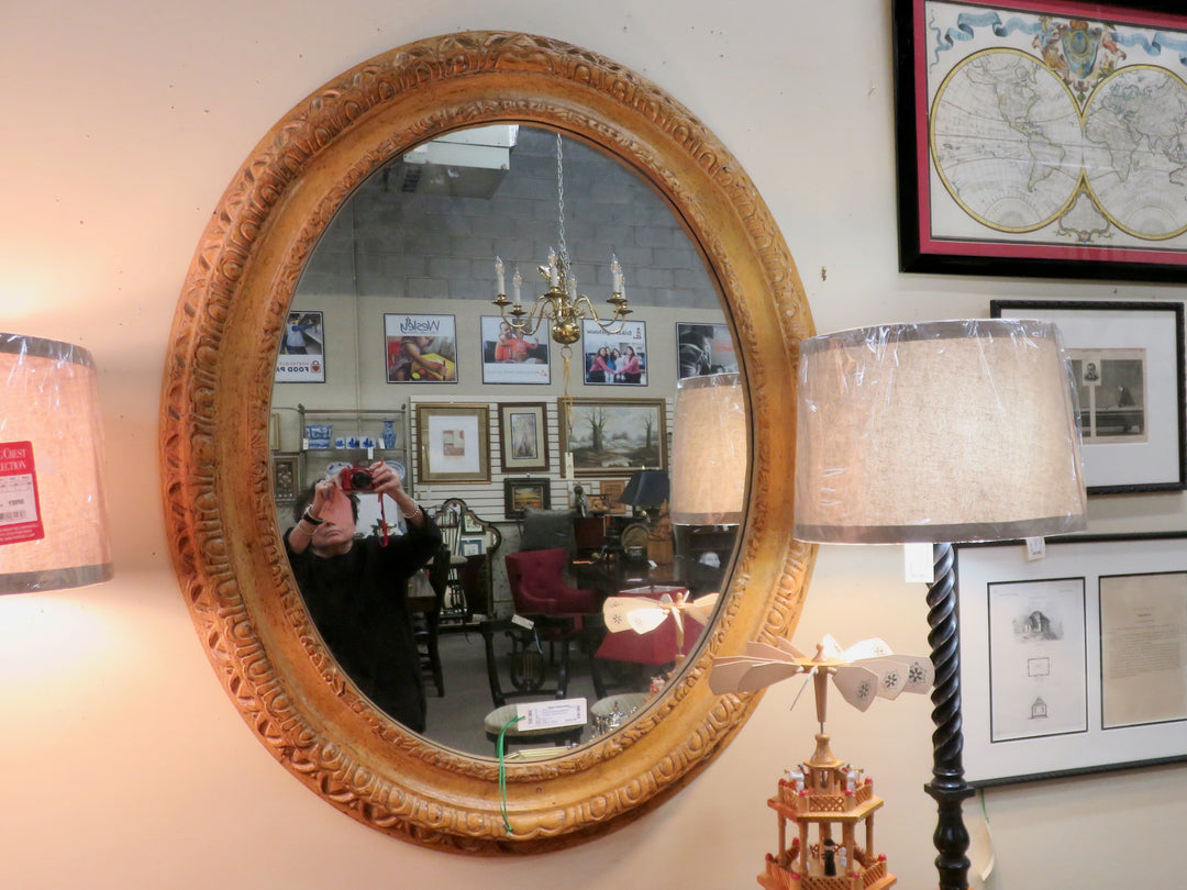 Carved Blond Distressed Wood Mirror