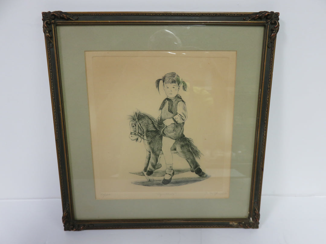 Vintage Etching of Girl on Hobbyhorse