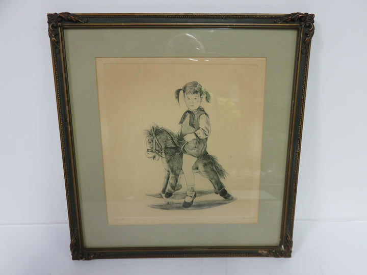 Vintage Etching of Girl on Hobbyhorse