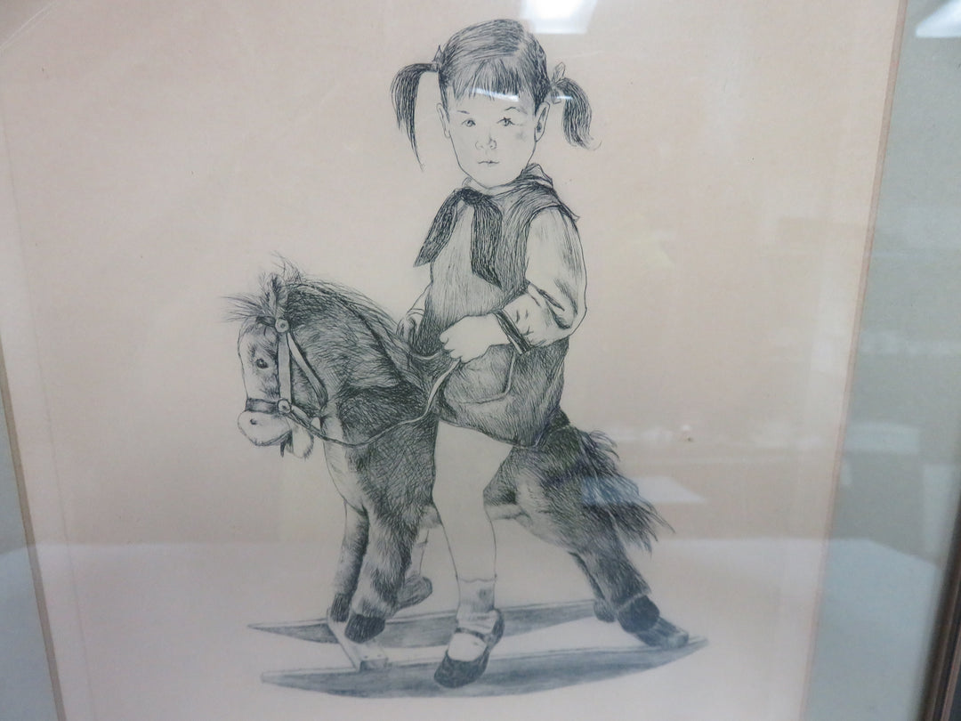 Vintage Etching of Girl on Hobbyhorse