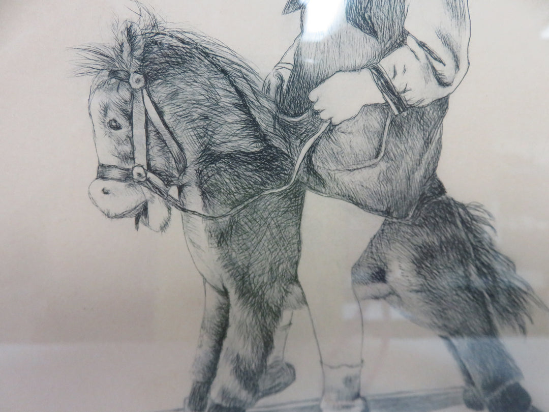 Vintage Etching of Girl on Hobbyhorse