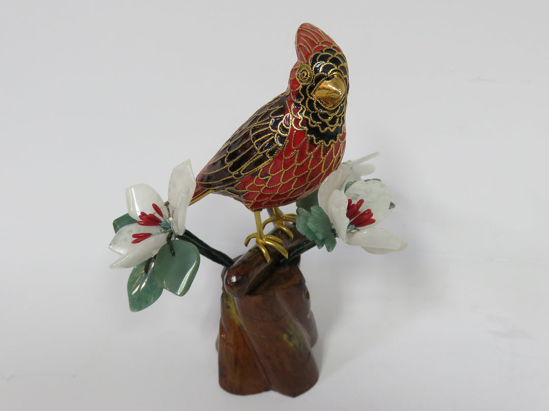 Cloisonné Cardinal on Jade Bonsai Branch
