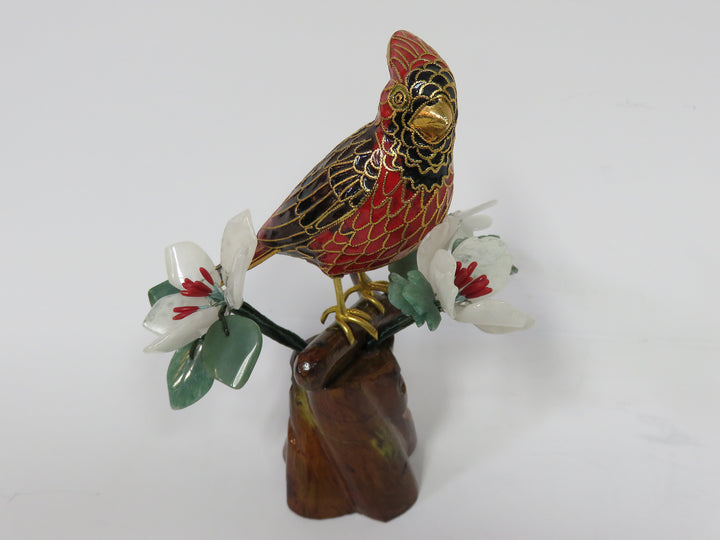 Cloisonné Cardinal on Jade Bonsai Branch