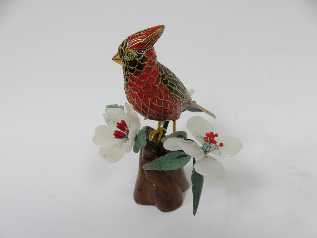 Cloisonné Cardinal on Jade Bonsai Branch