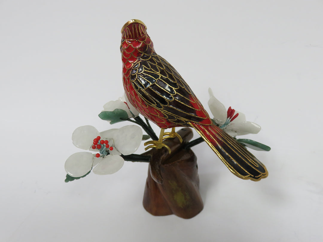 Cloisonné Cardinal on Jade Bonsai Branch