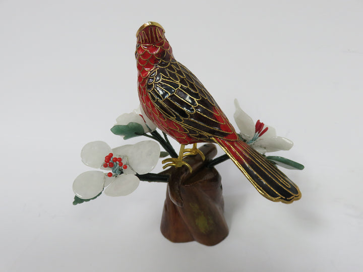 Cloisonné Cardinal on Jade Bonsai Branch