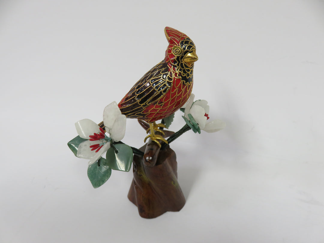 Cloisonné Cardinal on Jade Bonsai Branch