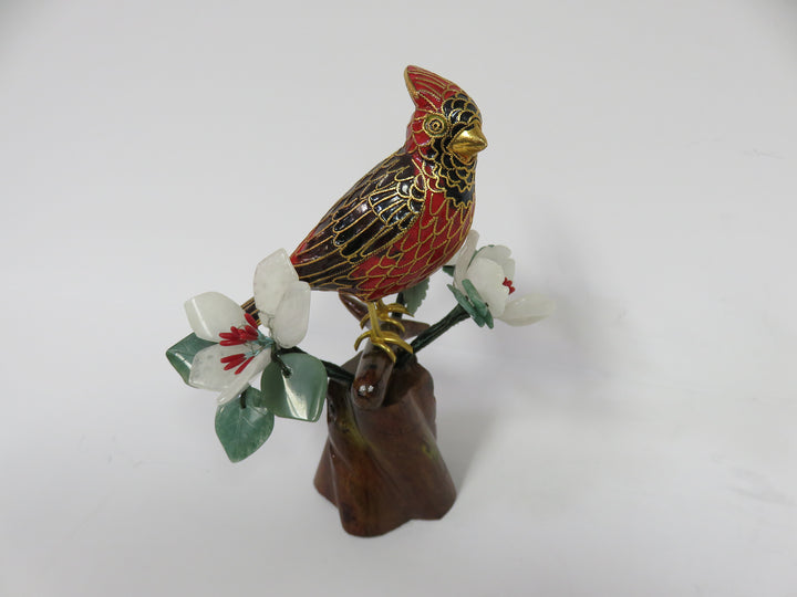 Cloisonné Cardinal on Jade Bonsai Branch