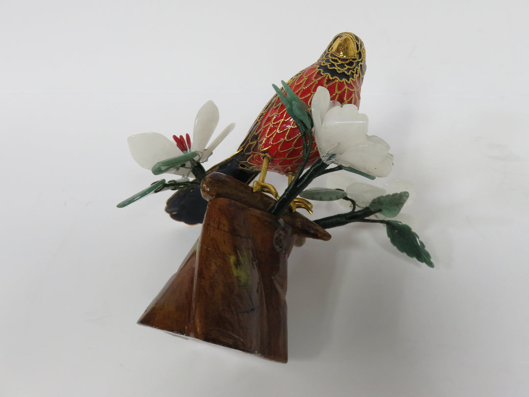 Cloisonné Cardinal on Jade Bonsai Branch