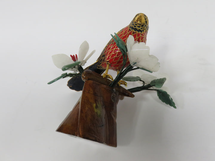 Cloisonné Cardinal on Jade Bonsai Branch