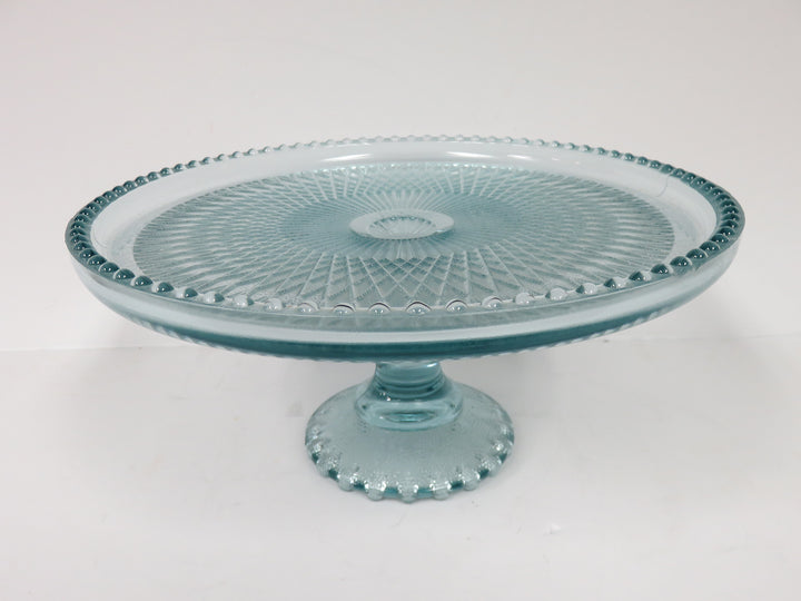 Jeannette Glass Blue Harp Cake Stand