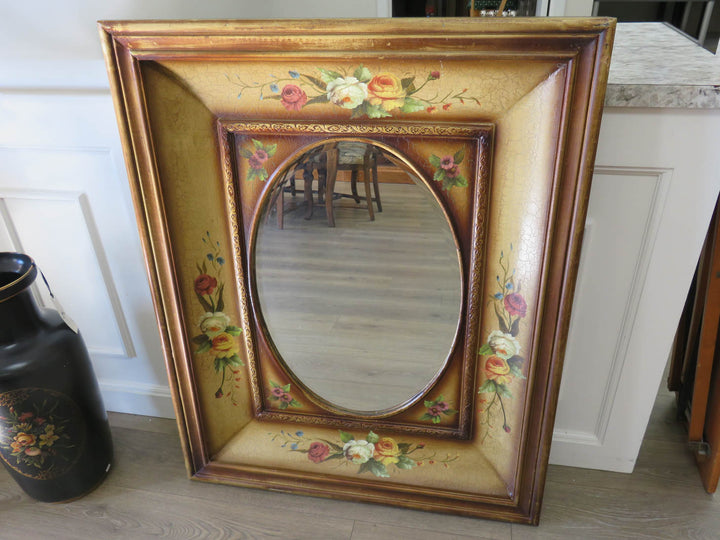Beveled Mirror with Painted Rose Frame