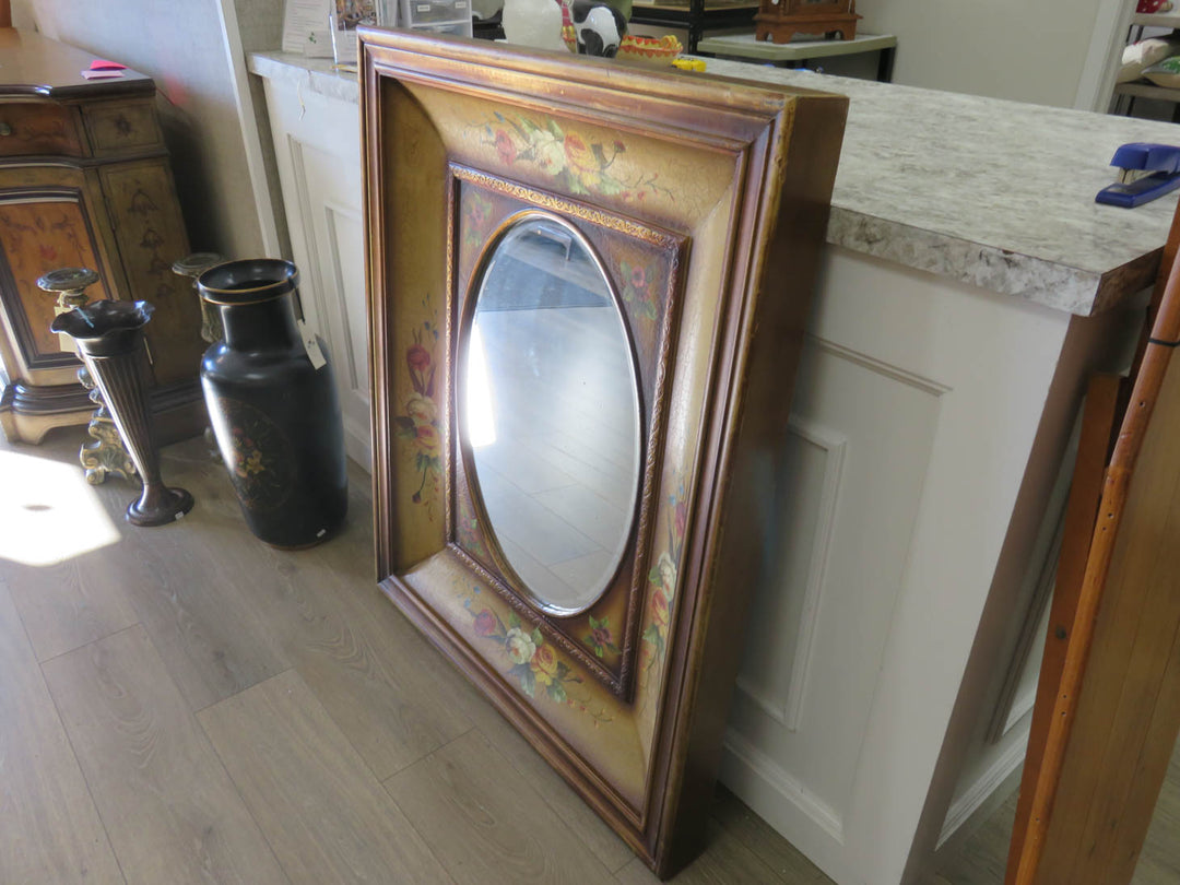 Beveled Mirror with Painted Rose Frame