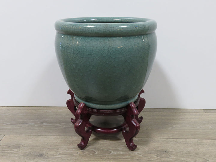 Celadon Planter on Wood Stand