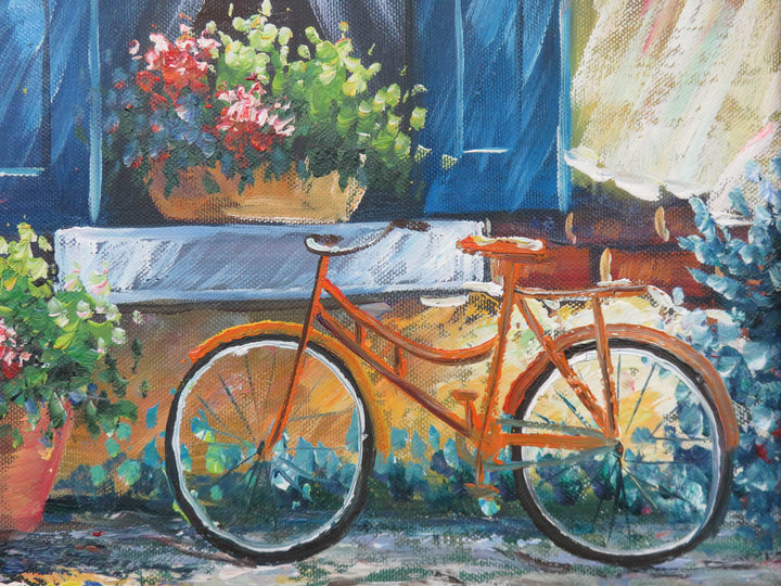 Oil Painting of Blue Door with Bicycle