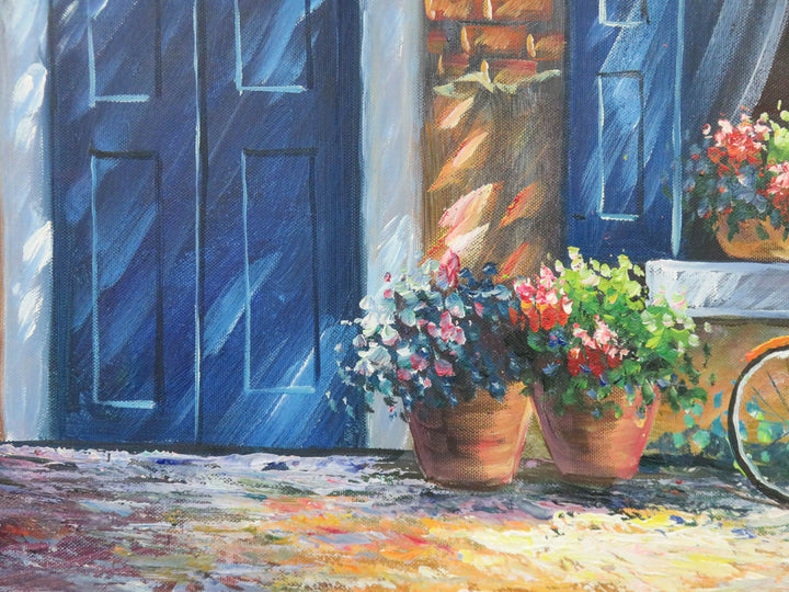 Oil Painting of Blue Door with Bicycle