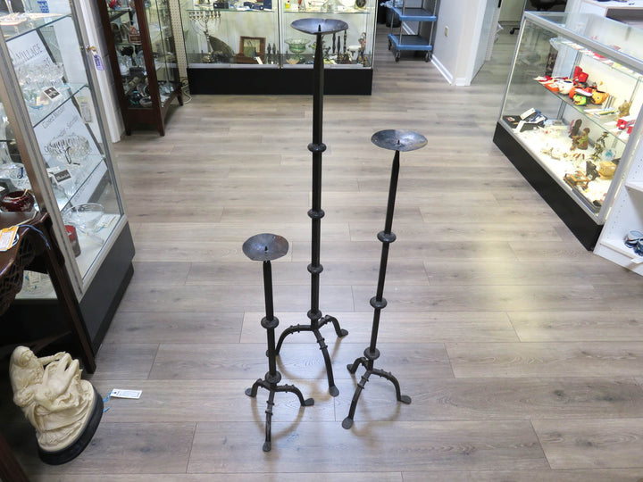 Three Rustic Wrought Iron Candlesticks