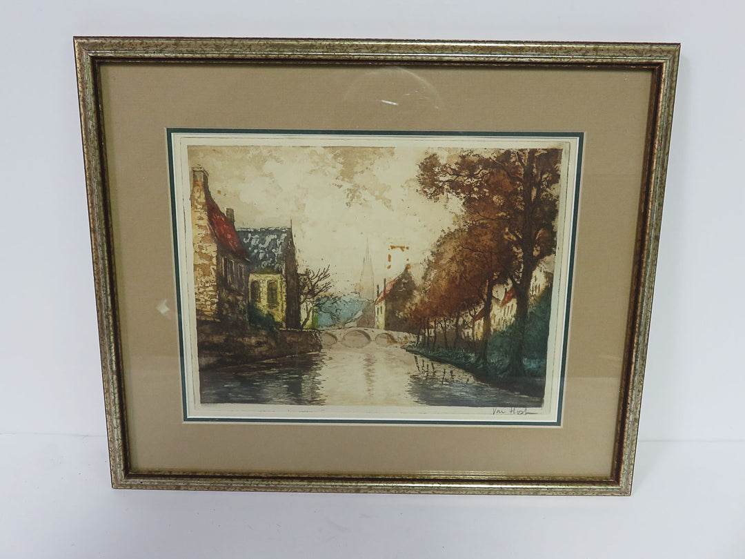 Aquatint Print of European Village