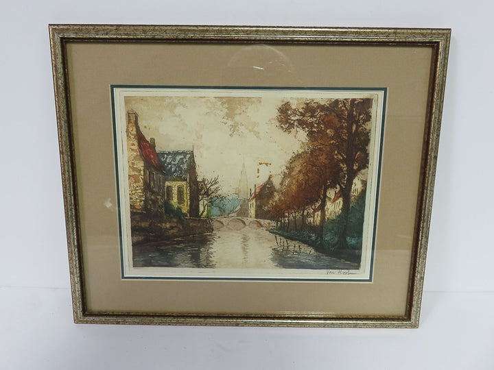 Aquatint Print of European Village
