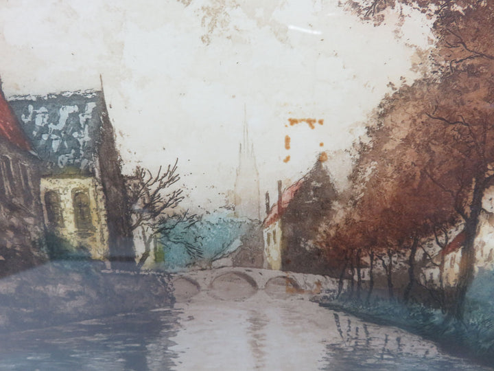 Aquatint Print of European Village