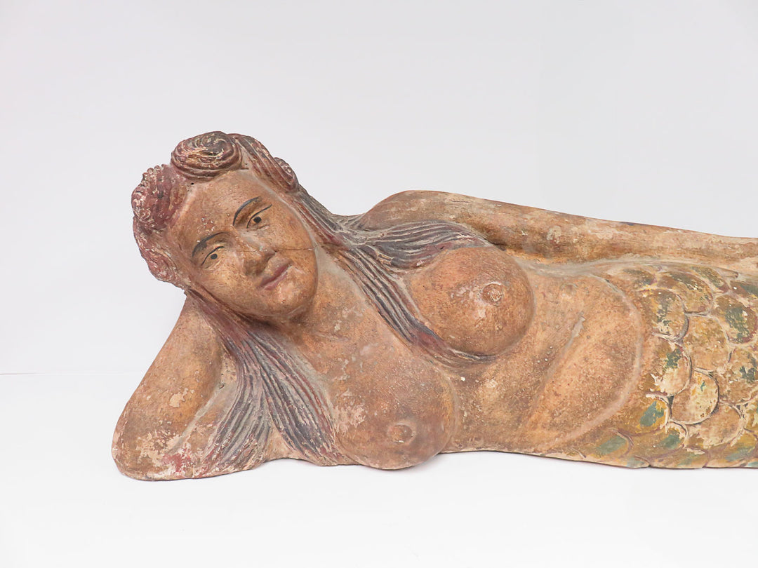 Large Carved Wooden Mermaid Figurine