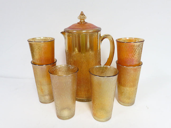 Carnival Glass Pitcher and Glasses