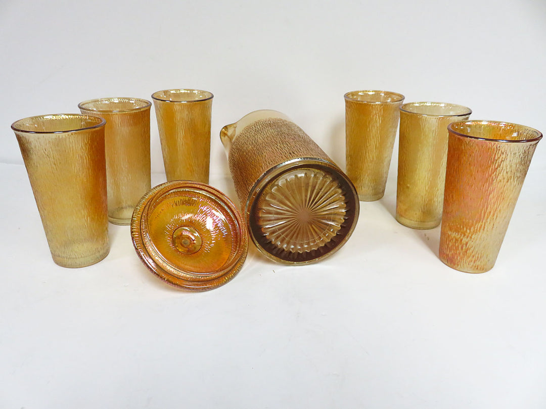 Carnival Glass Pitcher and Glasses