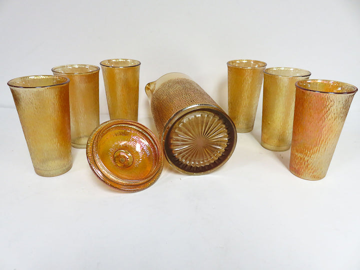 Carnival Glass Pitcher and Glasses