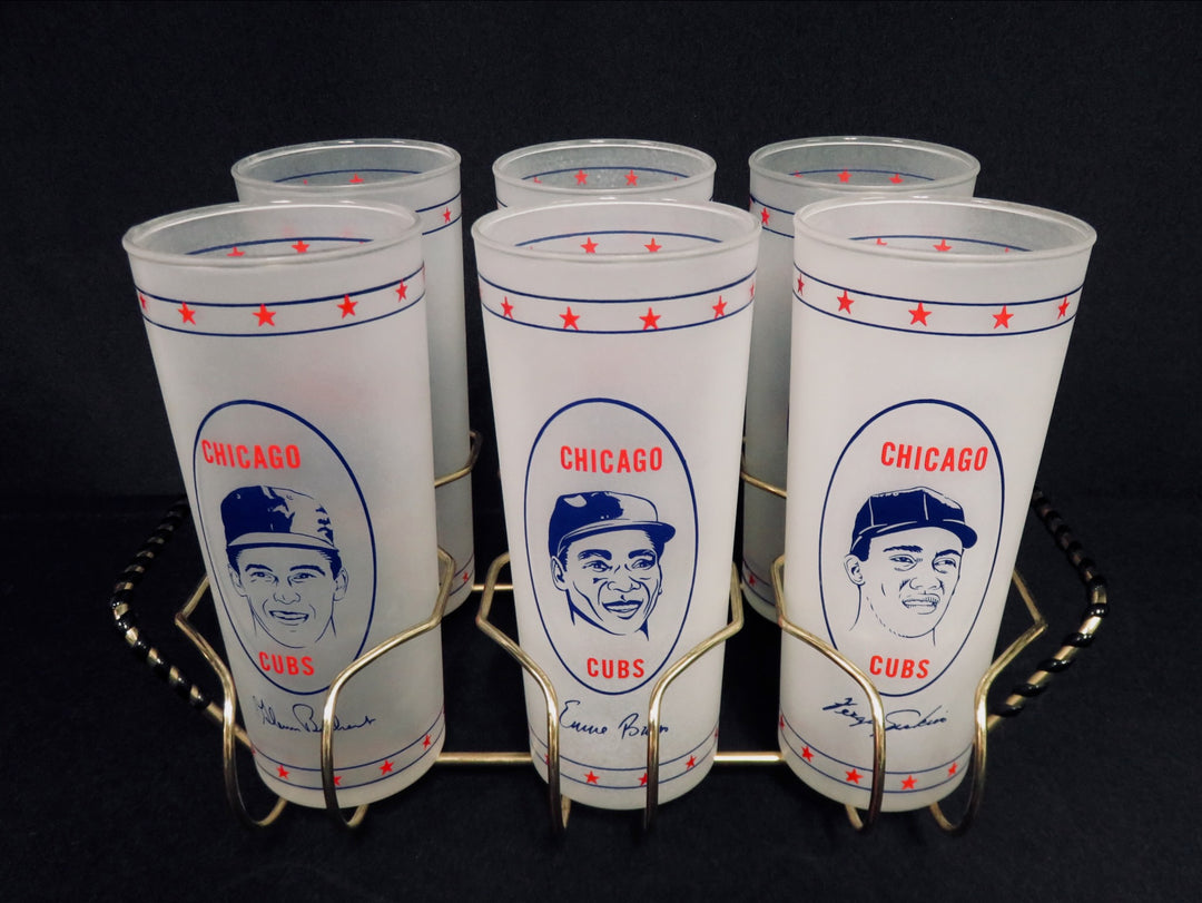 Vintage Frosted Cubs Glasses with Holder