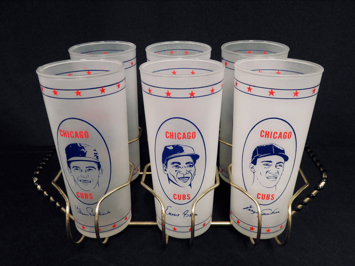 Vintage Frosted Cubs Glasses with Holder