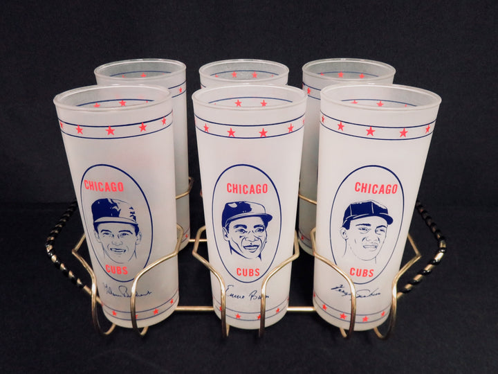 Vintage Frosted Cubs Glasses with Holder