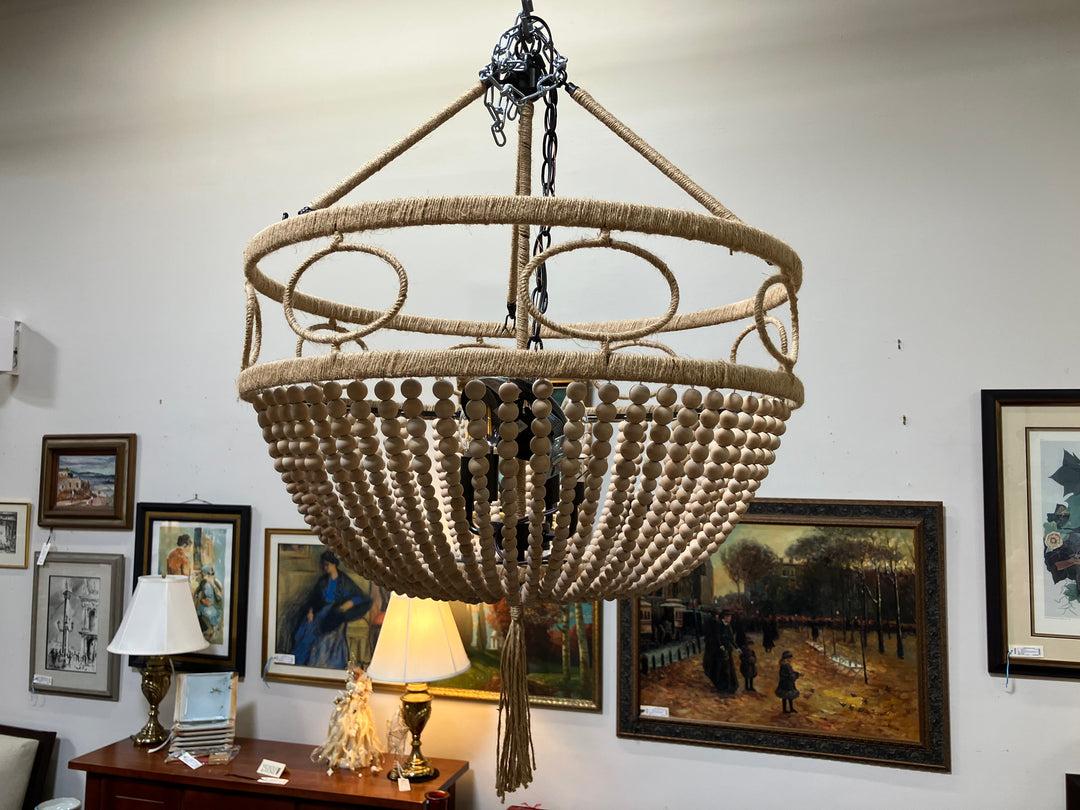Beige Wood Beaded Chandelier