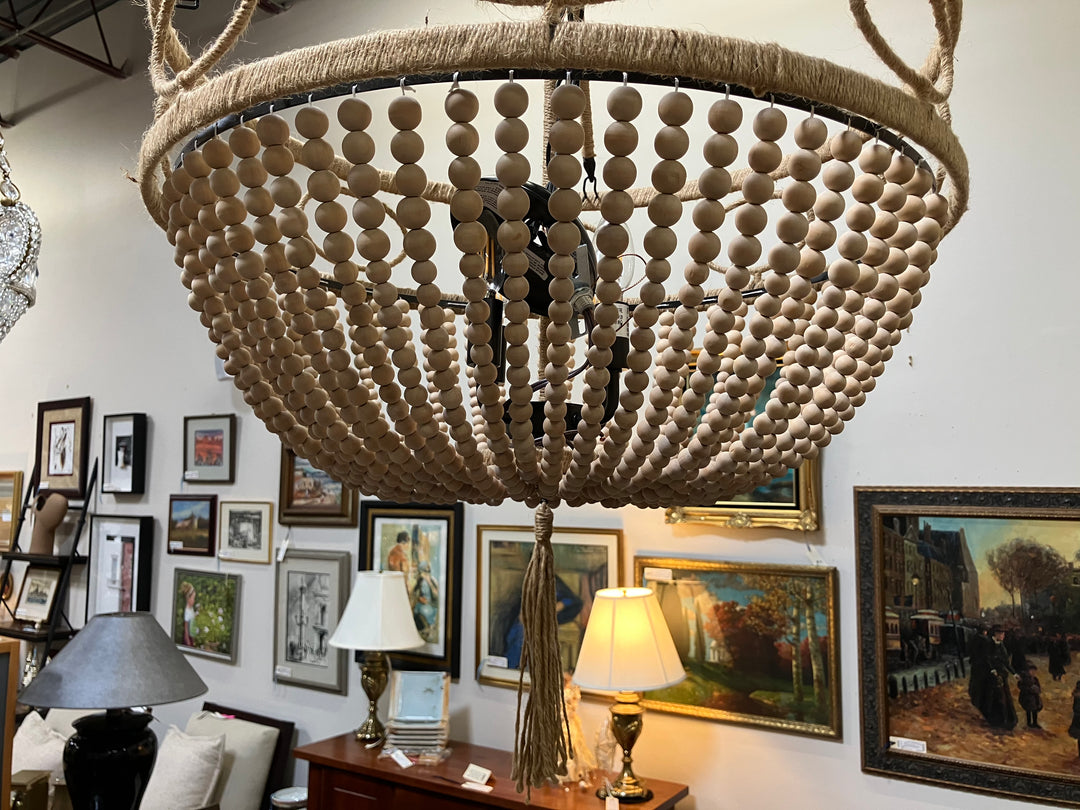 Beige Wood Beaded Chandelier
